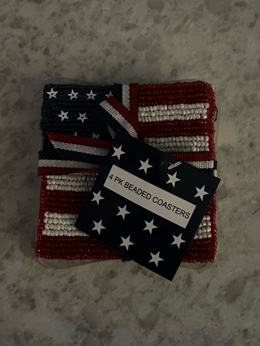 “New”Patriotic Beaded Coasters - Red, White & Blue Flags (Set of 4)